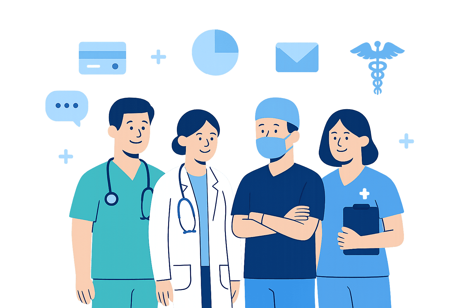 Healthcare professionals from multiple medical specialties including family medicine cardiology behavioral health and physical therapy