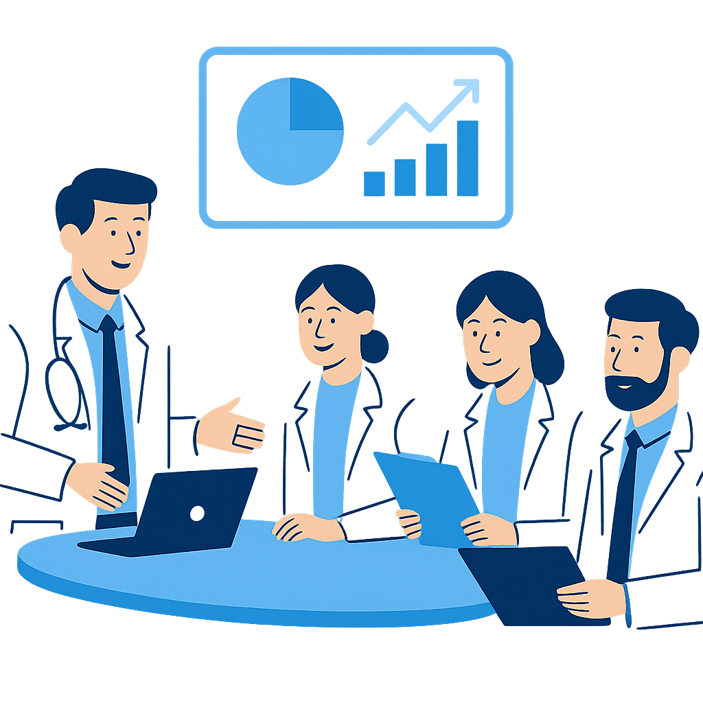 Healthcare providers and medical billing specialists discussing comprehensive revenue cycle management and practice optimization strategies